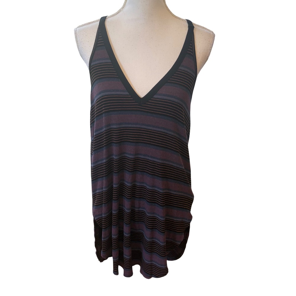 We The Free Free People Purple Striped Ribbed Long V-Neck Racerback Tank Top S